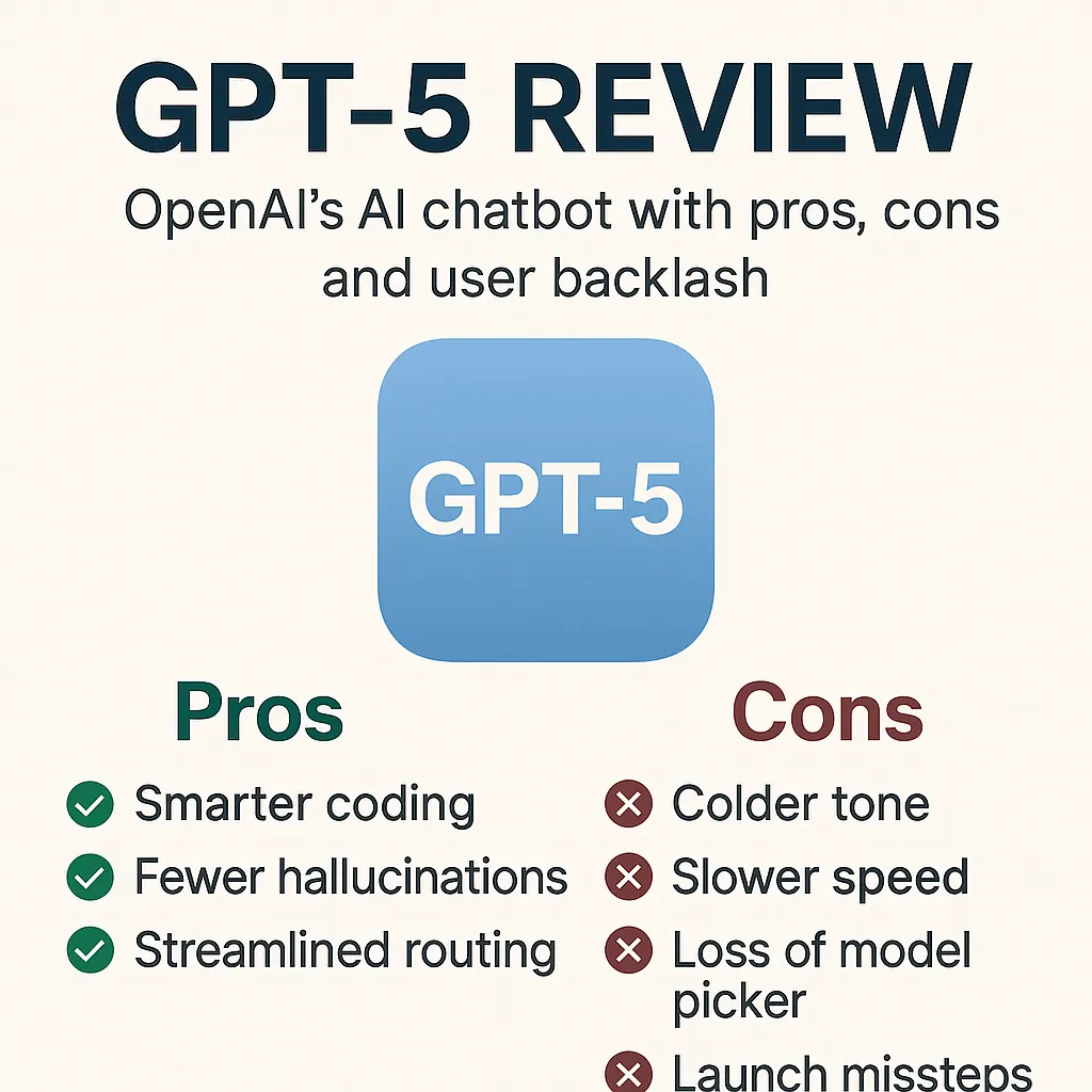 Chat GPT-5 review infographic showing pros and cons of OpenAI’s latest AI chatbot with user backlash.