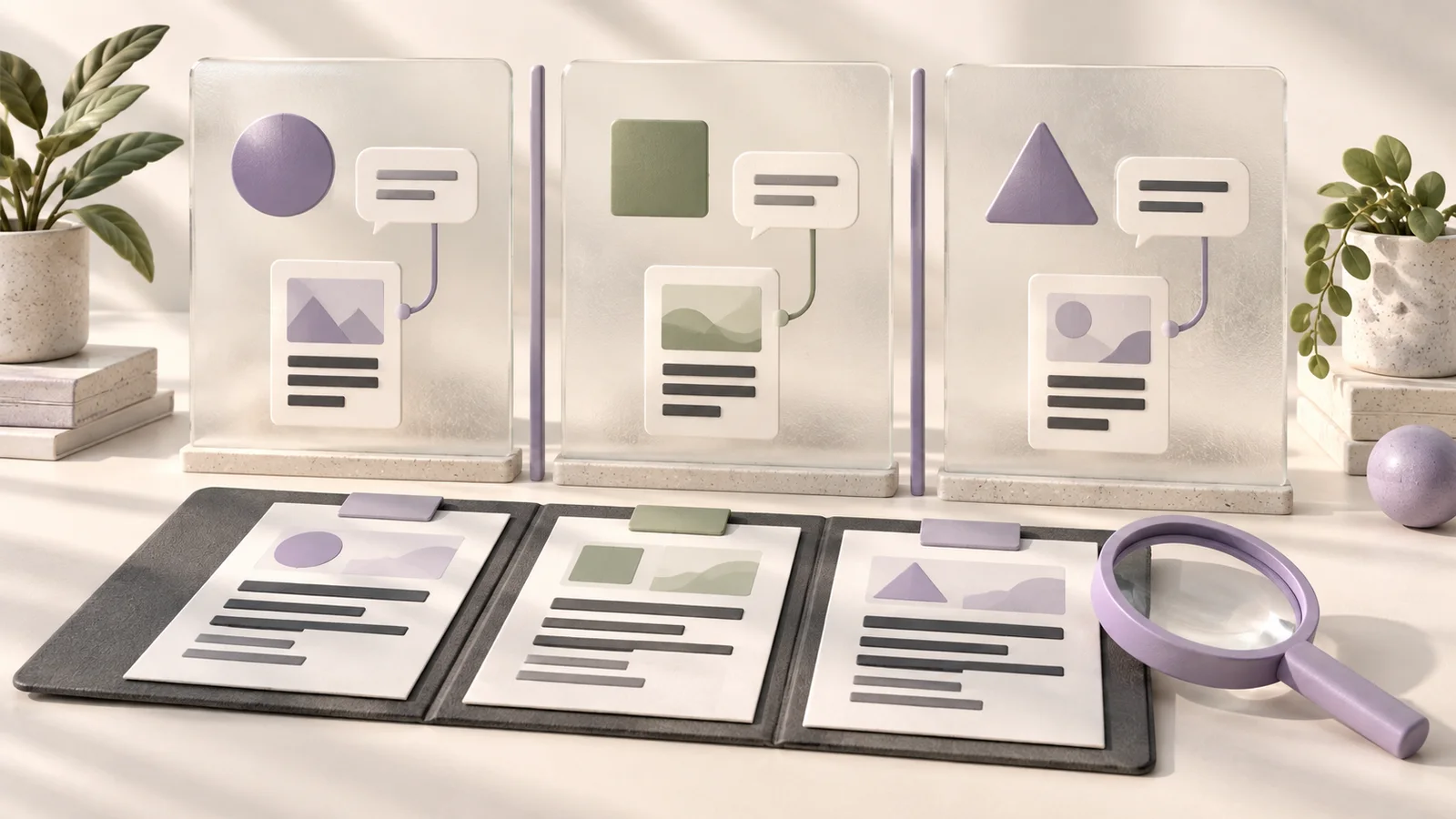 Three separate frosted client panels linking speech bubbles to reference cards above a portfolio of agency reports.