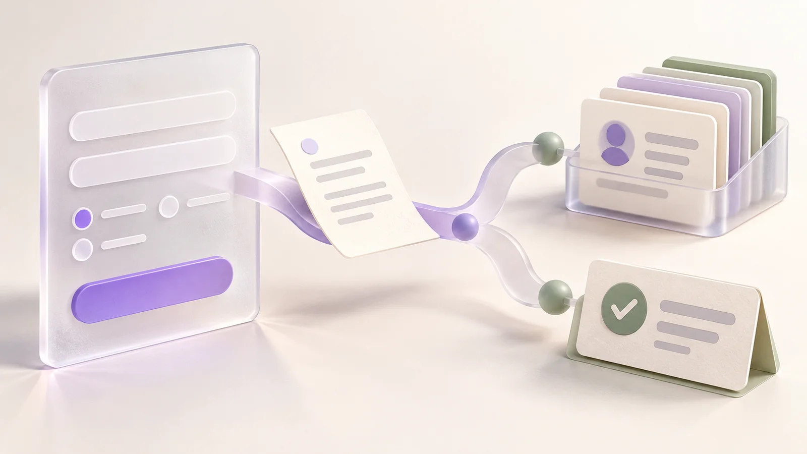 Editorial illustration of an enquiry form branching into organized contact cards and a follow-up task.