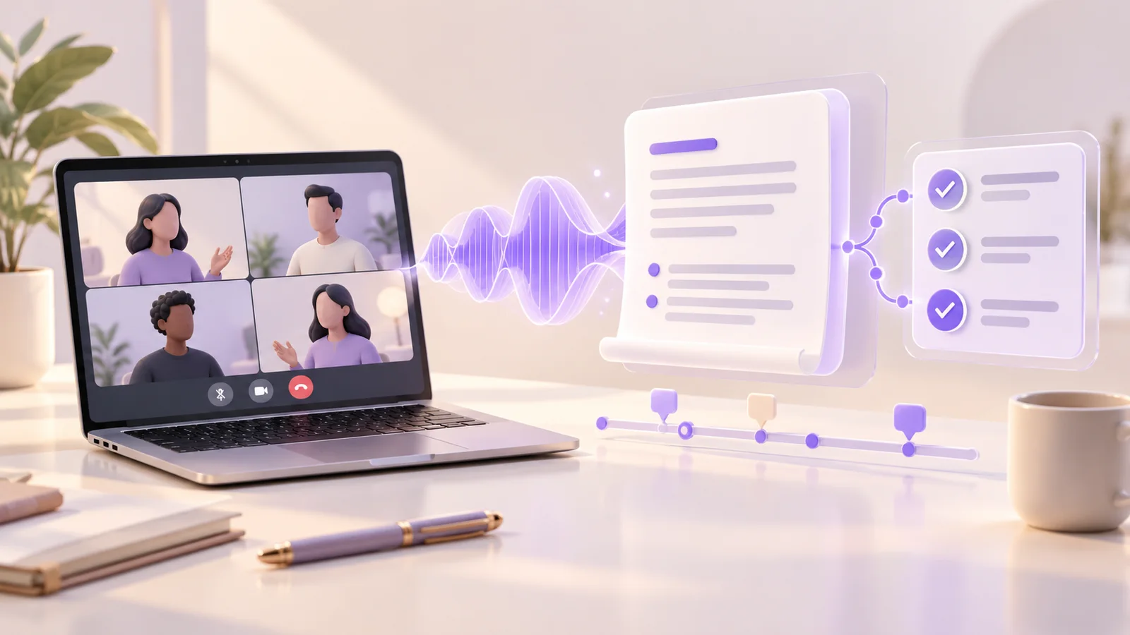 Original illustration of a client video meeting becoming an AI-assisted transcript, notes, and follow-up checklist