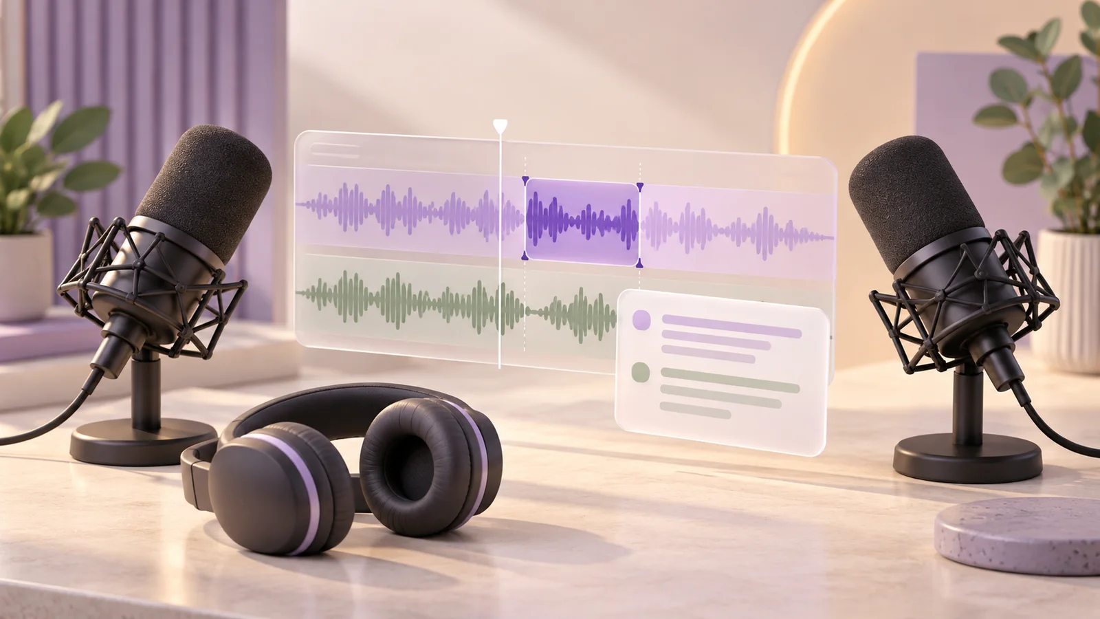 Editorial illustration of two interview microphones, headphones and an audio editing timeline with two speaker waveforms.