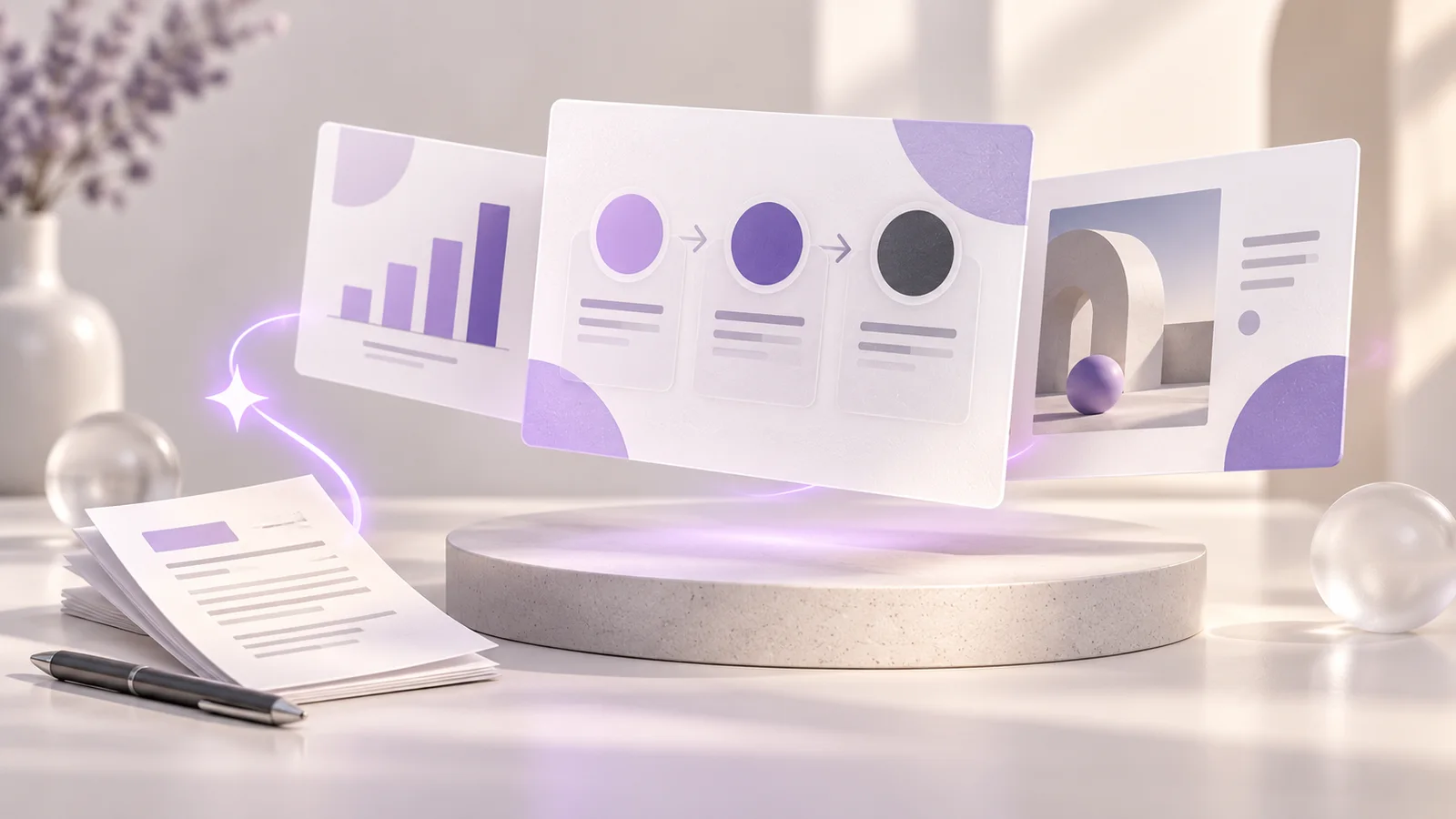 Original illustration of a business brief becoming a coordinated AI-assisted presentation with charts and proposal slides