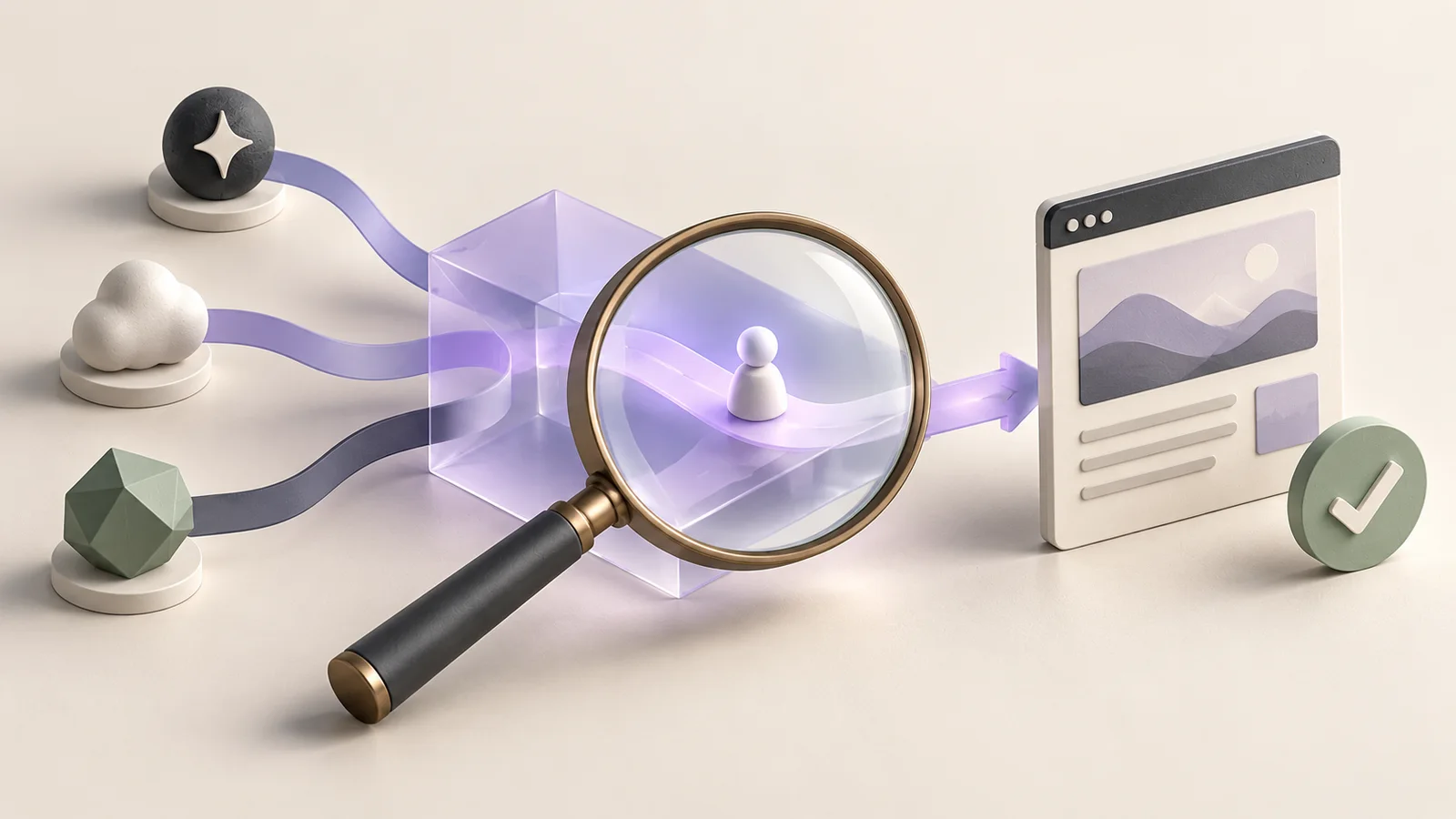 Magnifying glass tracing a visitor path through a translucent routing prism to an editorial website page and checkmark.