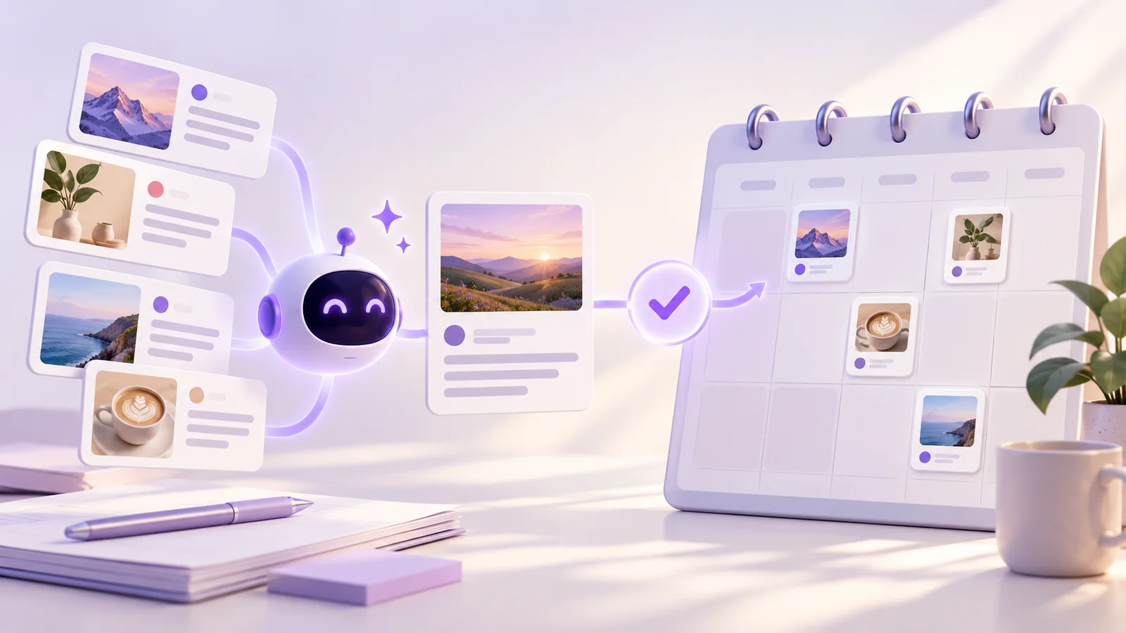 Original illustration of AI-assisted social post drafts moving through review into a publishing calendar