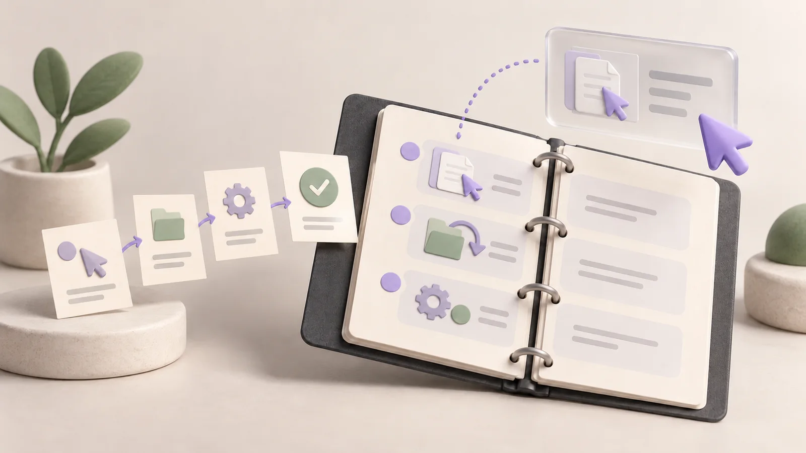 Open operating-procedure binder with illustrated steps, capture cards, a cursor and an approval checkmark.
