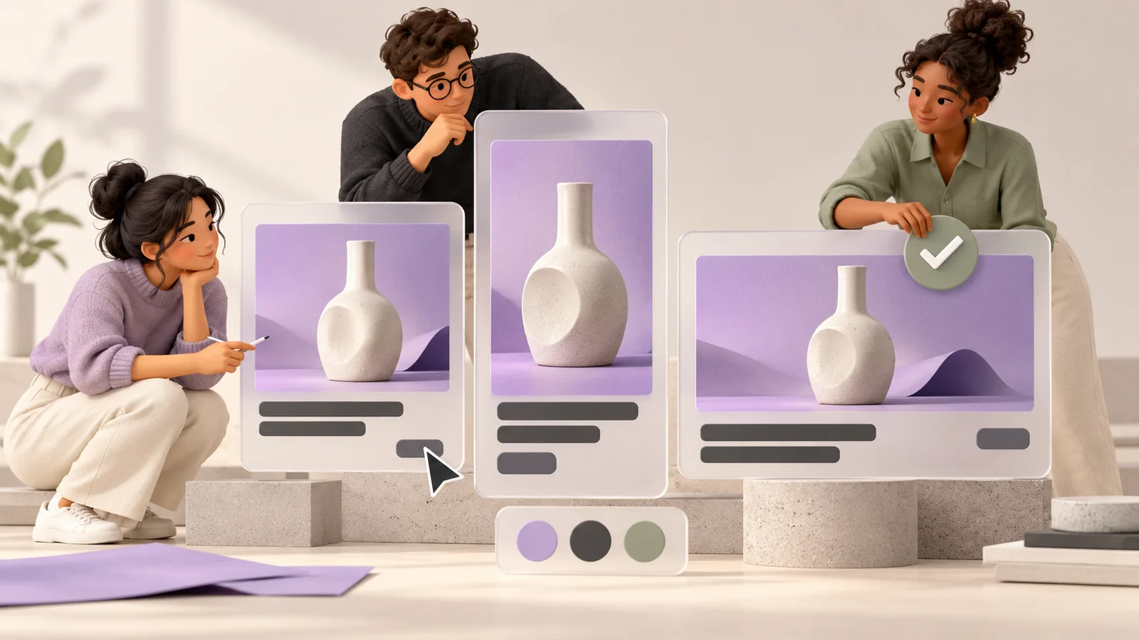 Illustrated marketing team reviewing ceramic-bottle ad layouts in square, portrait and landscape frames.