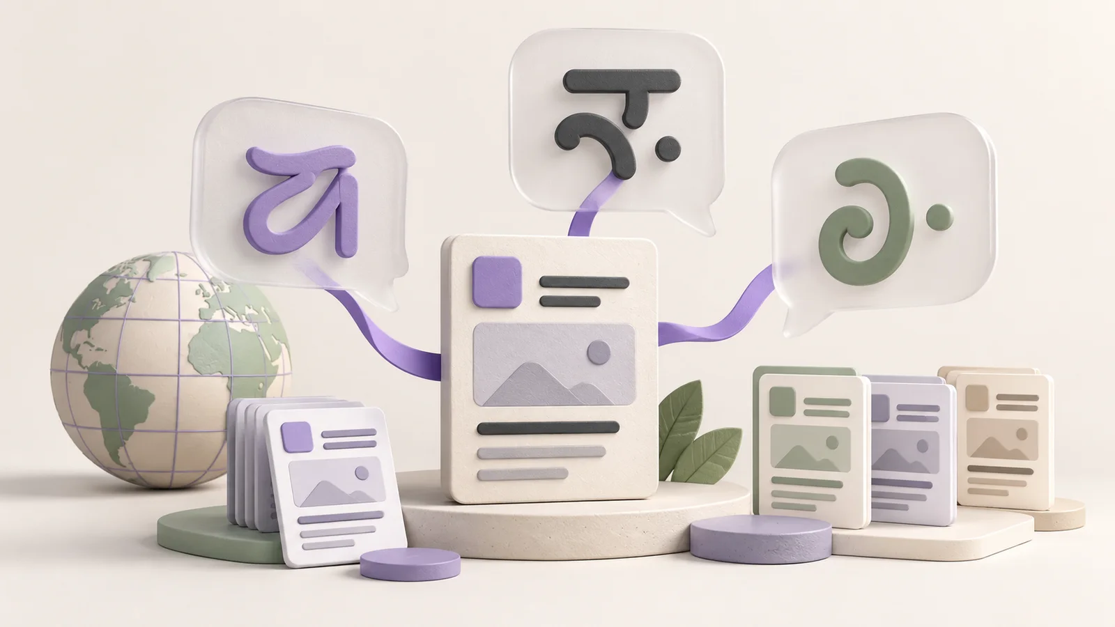 Editorial illustration of a software panel connected to multilingual speech bubbles, with a globe and document cards.