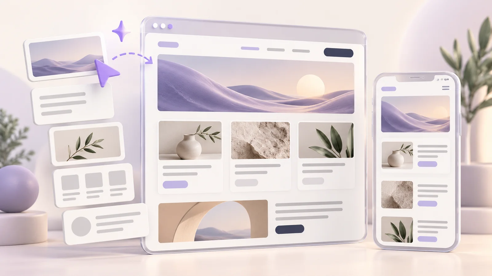 Editorial illustration of website content blocks forming matching desktop and mobile pages.