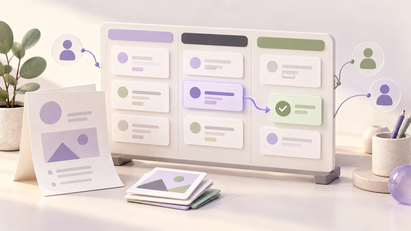 Editorial illustration of a content project board, creative brief and asset cards moving toward approval.