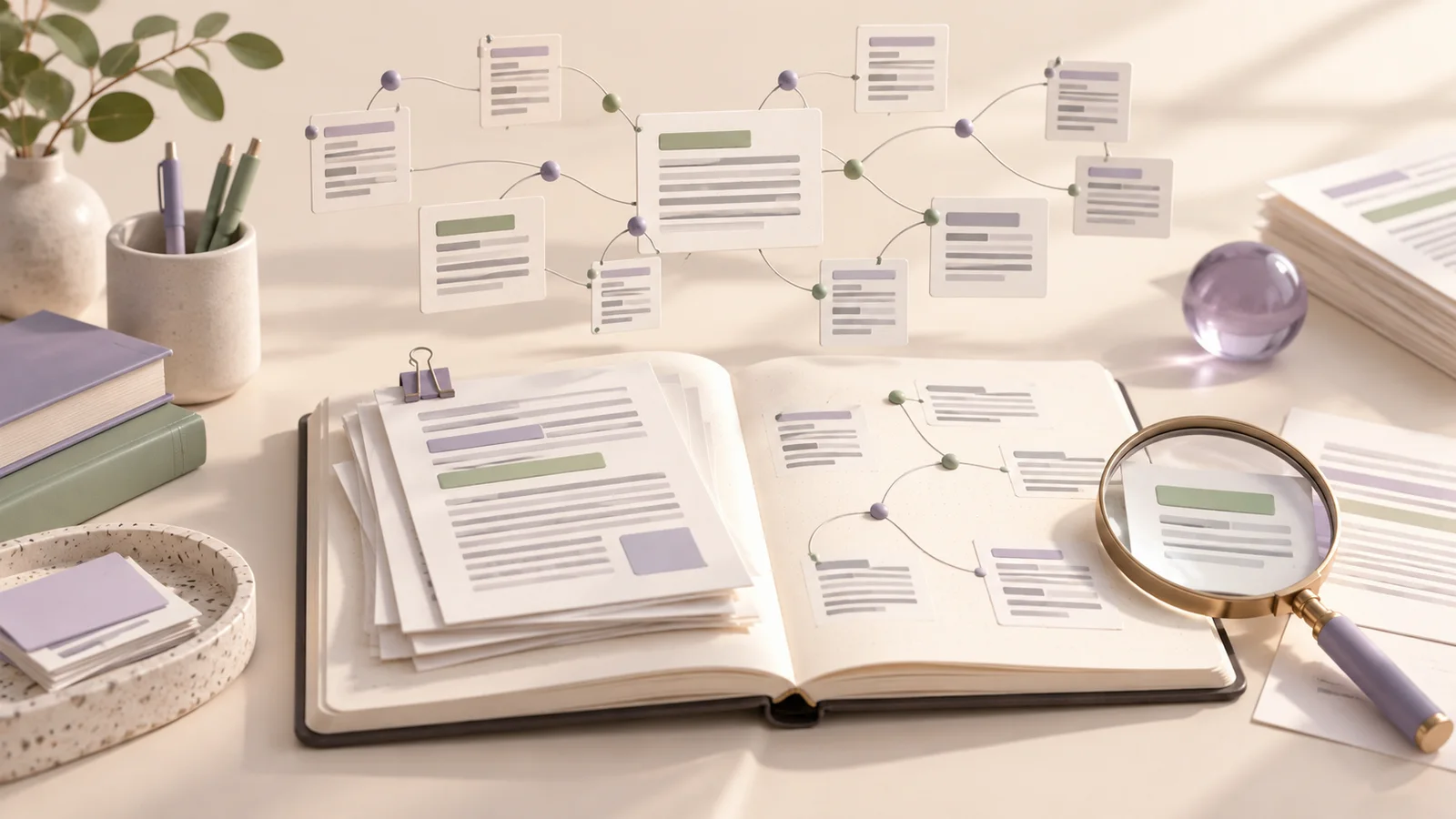 Open research notebook and papers beneath a connected map of reference cards, with a magnifying glass highlighting one card.