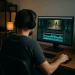 Man using AI for content creation with headphones on, editing video on desktop in a creative workspace