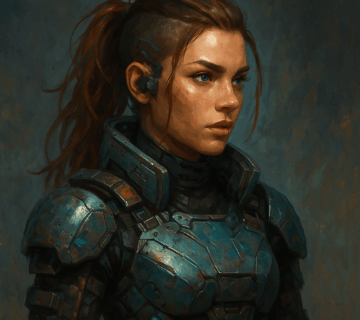 futuristic 3D-rendered female AI character in battle armor representing modern AI character design