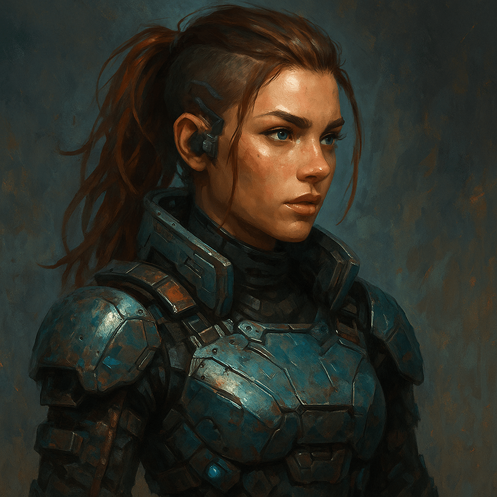 futuristic 3D-rendered female AI character in battle armor representing modern AI character design