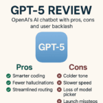 Chat GPT-5 review infographic showing pros and cons of OpenAI’s latest AI chatbot with user backlash.