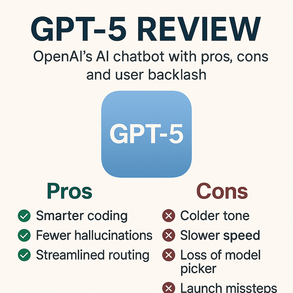 Chat GPT-5 review infographic showing pros and cons of OpenAI’s latest AI chatbot with user backlash.