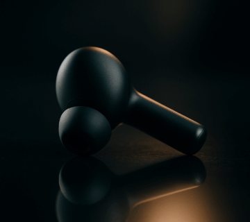 Cinematic product photo of a matte-black wireless earbud on a reflective surface, created with the best AI image generator tools.