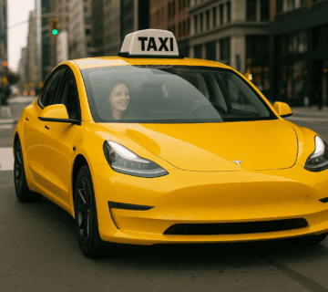 Yellow Tesla Model 3, Tesla taxi with one female passenger in New York City.