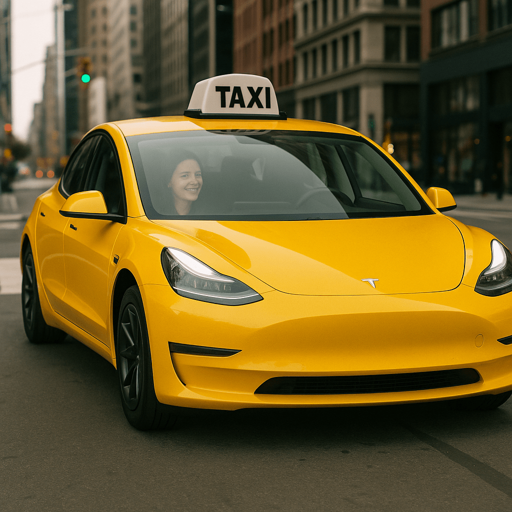 Yellow Tesla Model 3, Tesla taxi with one female passenger in New York City.