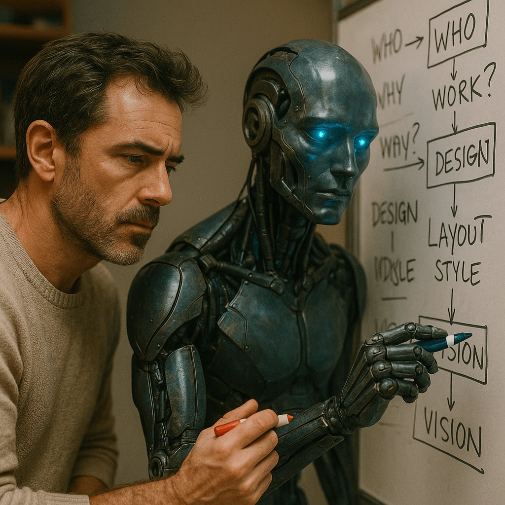 Humanoid robot and man brainstorming ideas together on a whiteboard, illustrating collaboration with AI in creative work