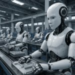 AI collaboration in the workplace – humanoid robots working on an assembly line in a modern factory