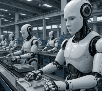 AI collaboration in the workplace – humanoid robots working on an assembly line in a modern factory