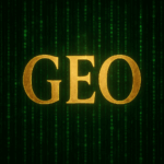 Cinematic illustration of the acronym GEO representing Generative Engine Optimisation against a futuristic matrix-style background.