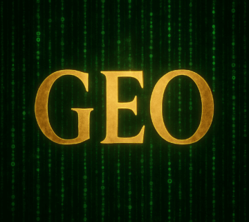 Cinematic illustration of the acronym GEO representing Generative Engine Optimisation against a futuristic matrix-style background.