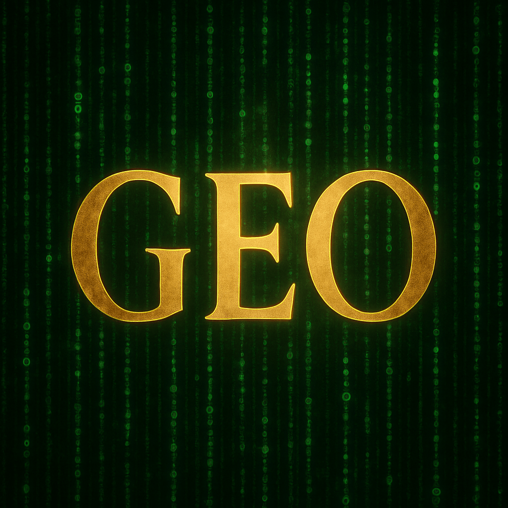 Cinematic illustration of the acronym GEO representing Generative Engine Optimisation against a futuristic matrix-style background.