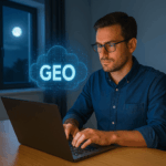 Man working on laptop at night with GEO hologram above, symbolising AI search and Generative Engine Optimisation.