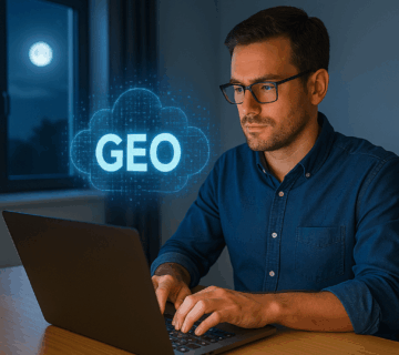 Man working on laptop at night with GEO hologram above, symbolising AI search and Generative Engine Optimisation.