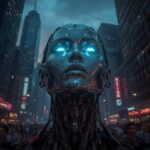 Futuristic AI humanoid robot in a cityscape representing the concept of what is ai