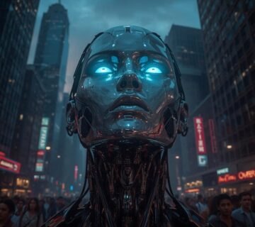 Futuristic AI humanoid robot in a cityscape representing the concept of what is ai