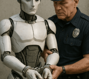 A humanoid robot being arrested and handcuffed by a police officer, symbolizing the enforcement of authenticity through the best AI detector tools.